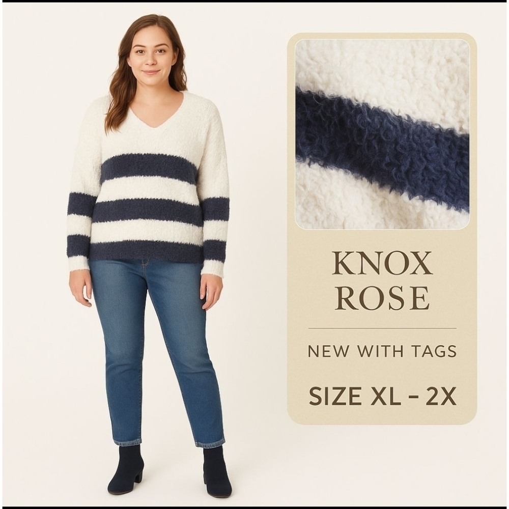 Knox Rose XL Blue White Striped Mohair V-Neck Oversized Cozy Sweater